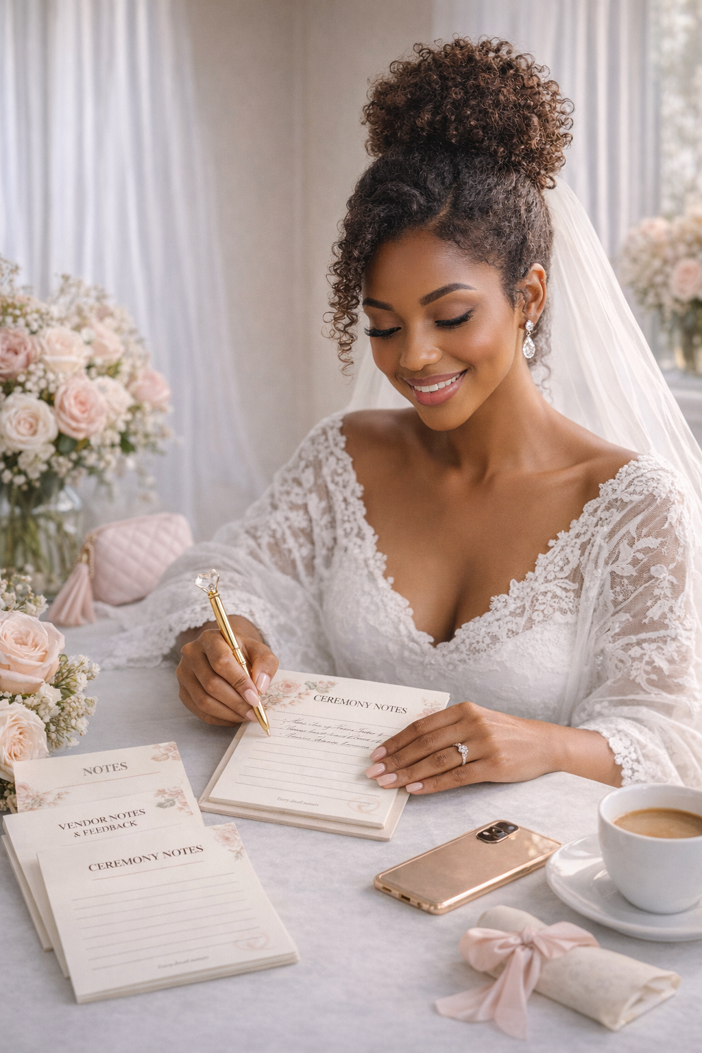 Bride in a white lace dress sitting at a table with wedding planning materials.