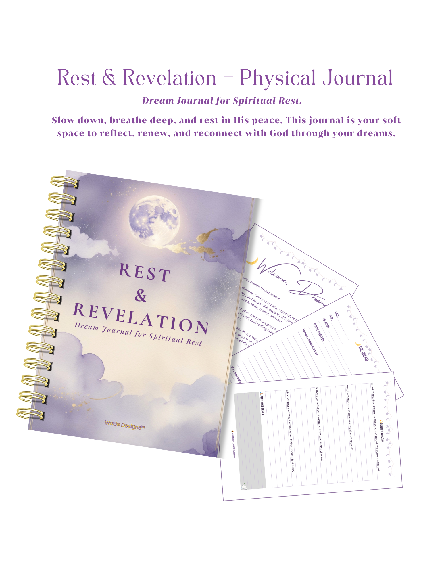 Rest & Revelation physical journal with dream journal pages on a white background