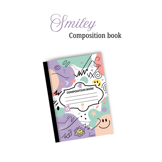 Composition book with colorful design on a white background