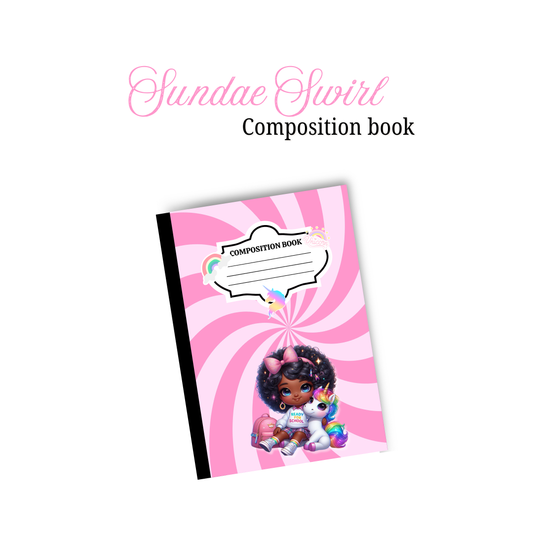Composition book with pink and white striped design and character illustration on a white background