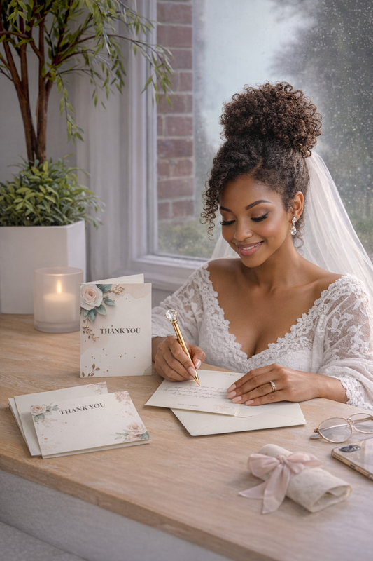 Woman in a white lace dress sitting at a table, writing in a notebook with a candle and card on the table.