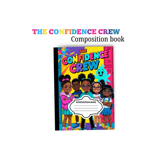Composition book titled 'The Confidence Crew' with colorful cover design on a white background