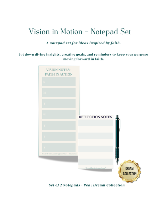 Vision in Motion notepad set with two notebooks and a pen on a white background
