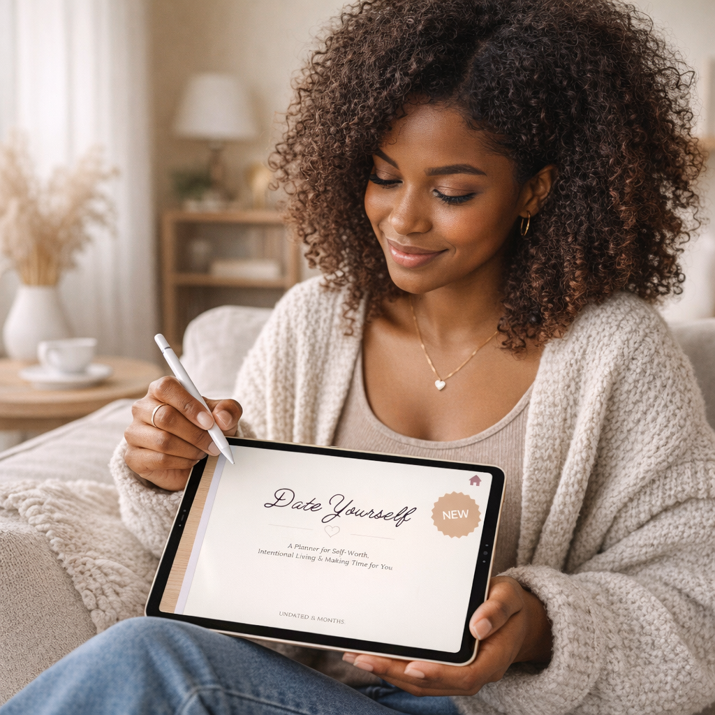 Woman holding a tablet with 'Date Yourself' app on a couch in a cozy living room.