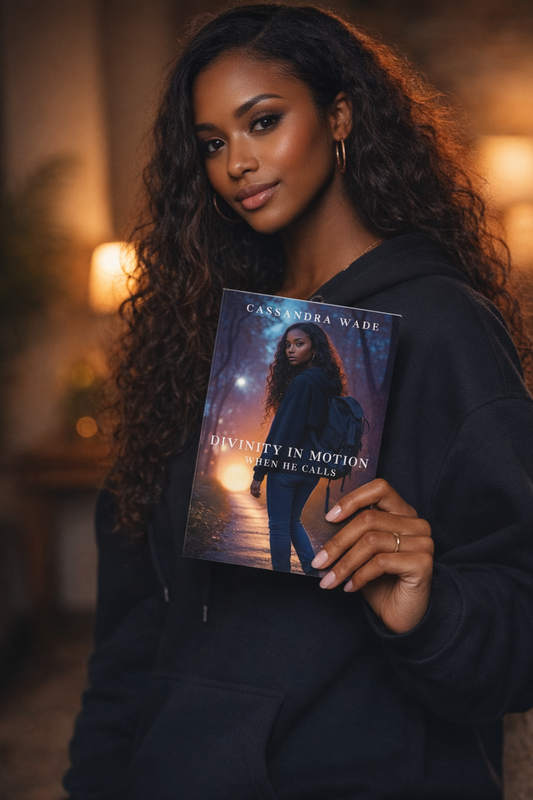 Woman holding a book titled 'Divinity in Motion' with a blurred background