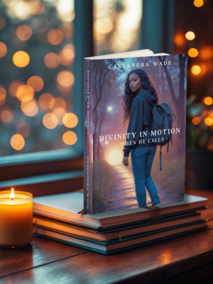 Book titled 'Divinity in Motion' by Cassandra Wade on a wooden surface with a blurred bokeh background